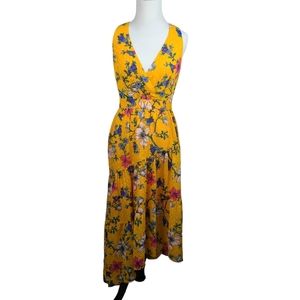 Eliza J yellow floral embellished chiffon hi-low maxi dress with ruffles size 0